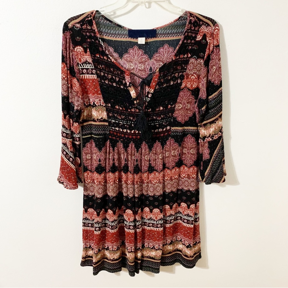 Unbranded rn # 143944 Rayon Boho Mini Dress Lace Bodice Bell Sleeve Tie Tassels
